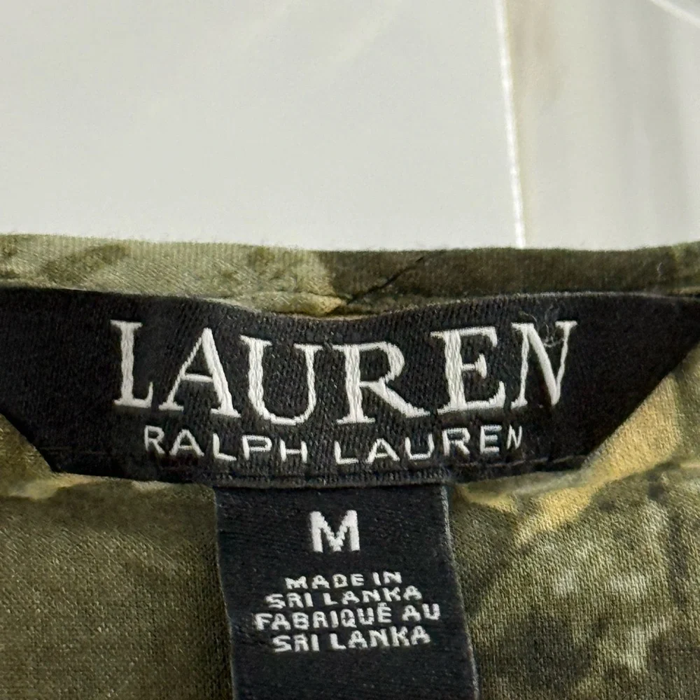 NWT Lauren Ralph Lauren dark green button down puff sleeve top w/ floral pattern - Picture 2 of 10